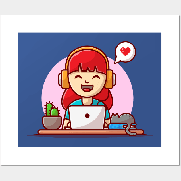 Happy Girl Listening Music with Headphone, Laptop, Cat on The Book and Plant Cartoon Vector Icon Illustration Wall Art by Catalyst Labs